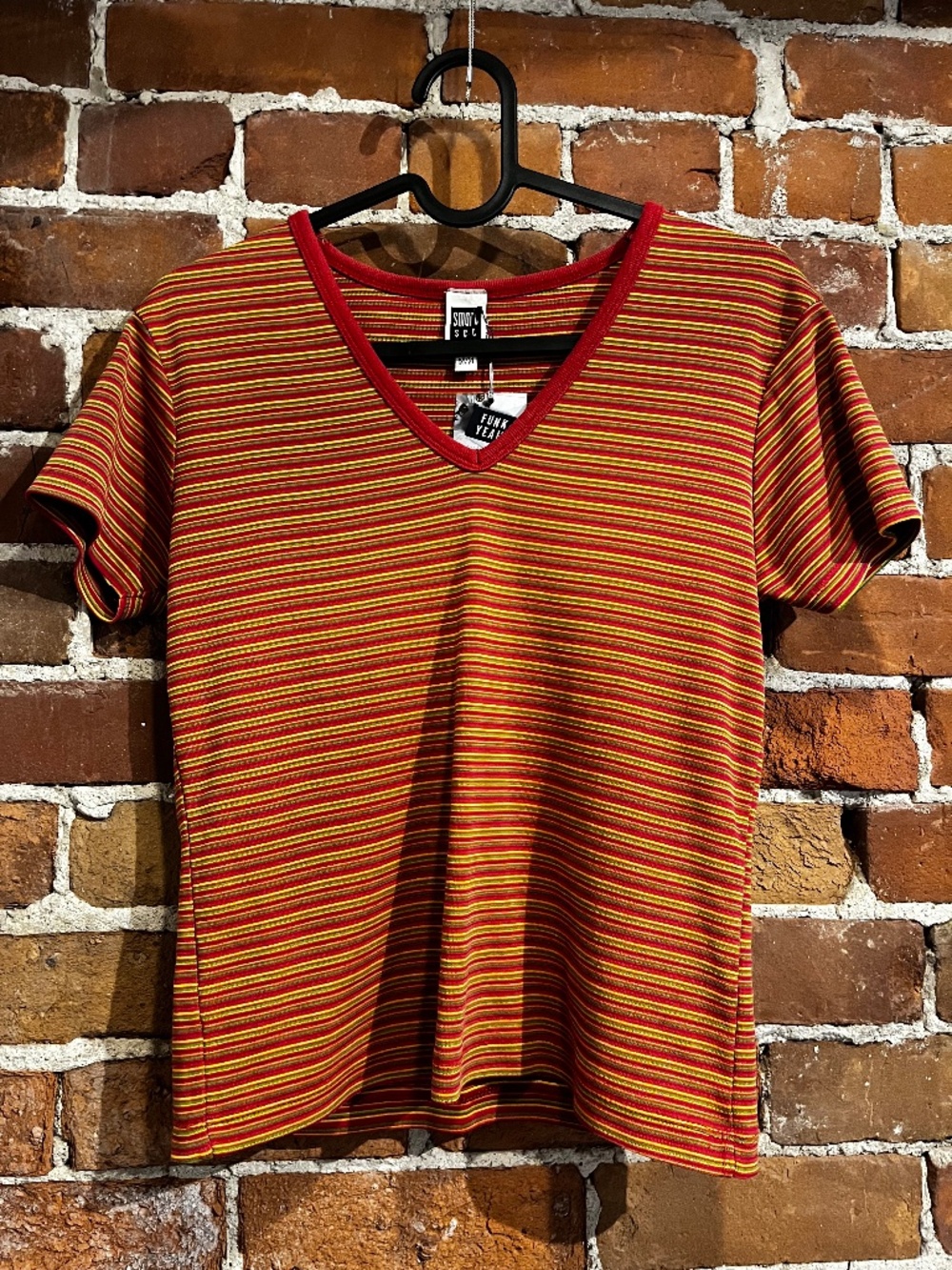 Vintage 90s Smart Set V Neck Stripe Orange Baby Tee Shirt